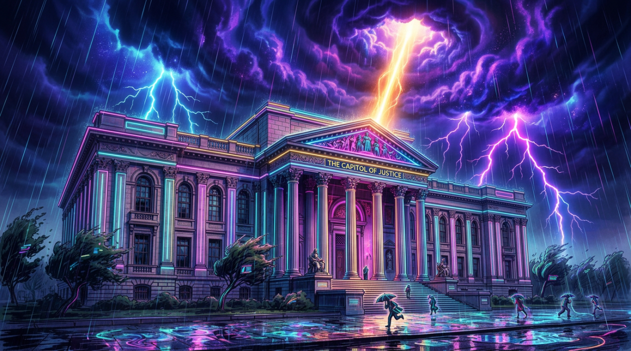 The Capitol of Justice building under dark stormy skies with lightning and rain, illuminated by a beam of sunlight