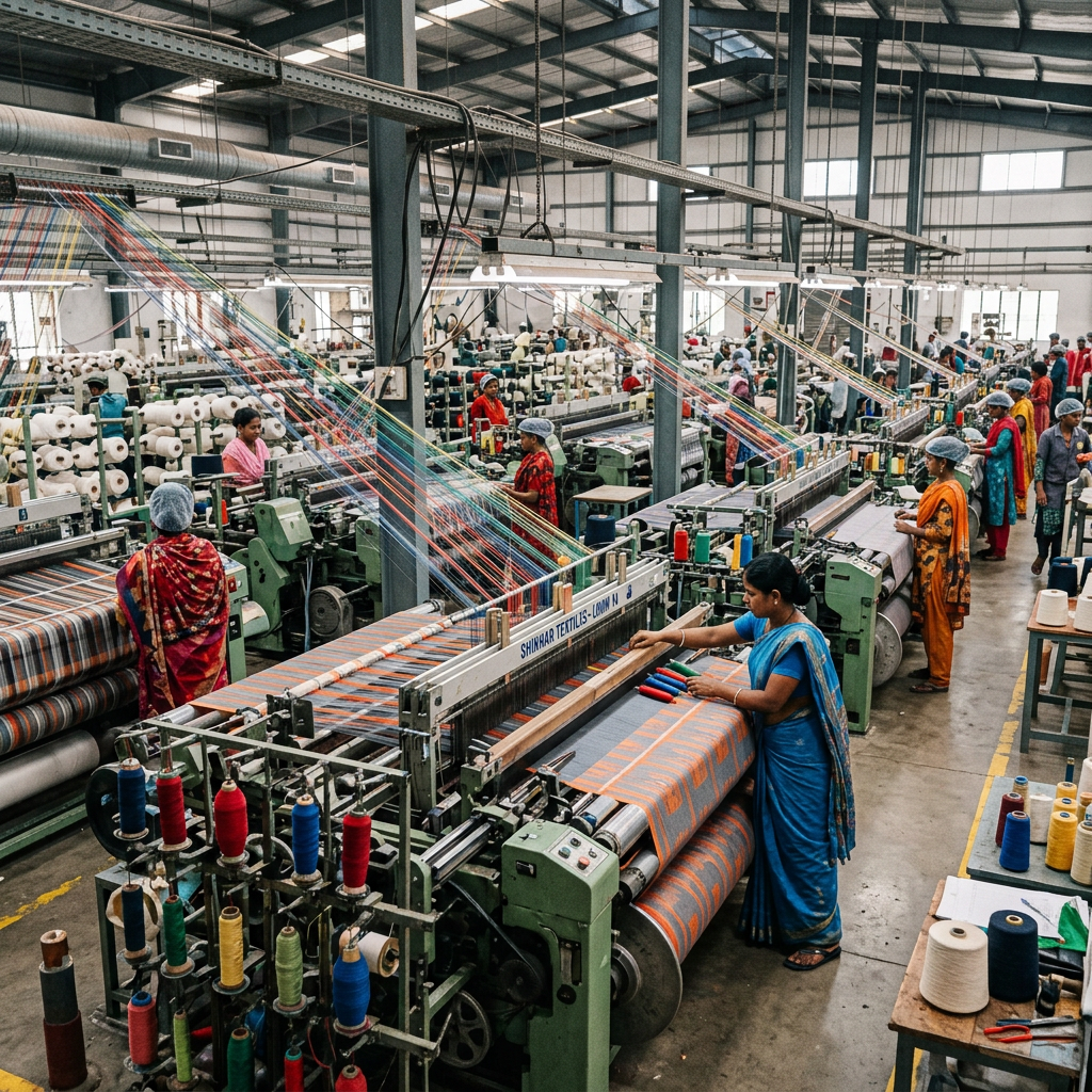 Workers operating looms in a large textile factory